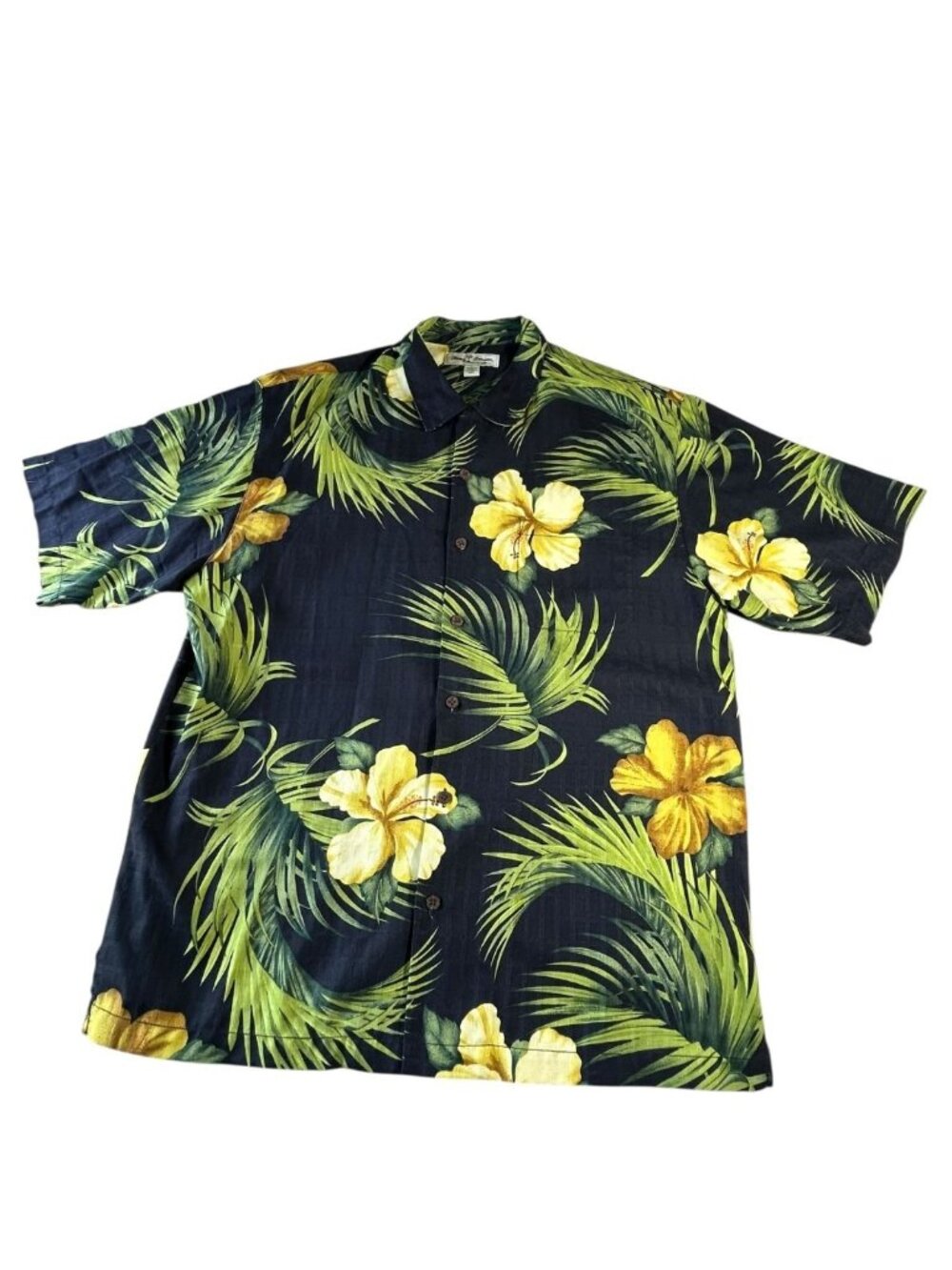 Tommy Bahama Tropical Hawaiian Shirt Sz L Silk Green Black Yellow Floral Button